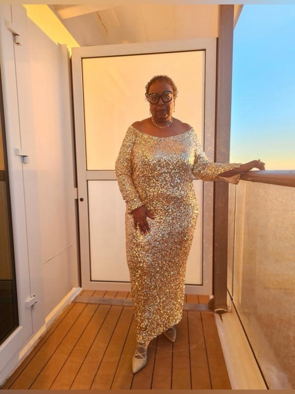 ELOQUII OFF THE SHOULDER SEQUIN COLUMN DRESS IN GOLD - Picture 10 of 12